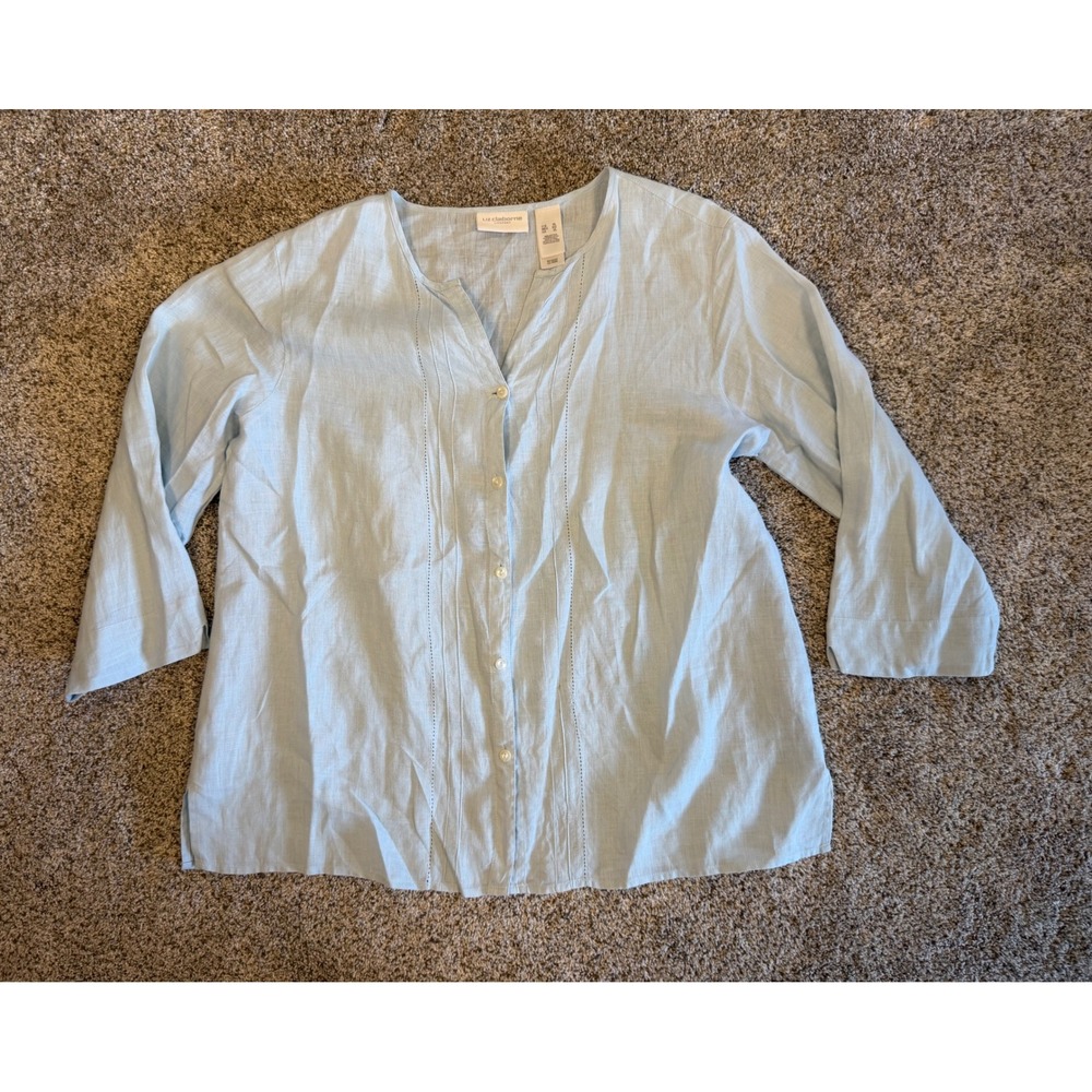 Liz Claiborne Lizsport Blue Cotton Pintuck 3/4 Sleeve Button Front Blouse XL